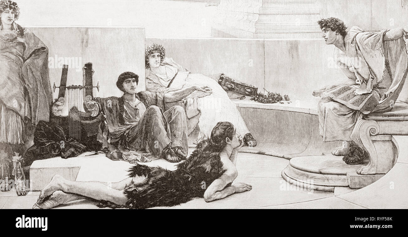Gelehrte im alten Griechenland hören zu einem Vortrag von Homer. Homer, c-c 900 v. Chr. 850 v. Chr.. Antike griechische Dichter. Von Ilustracion Artistica, veröffentlicht 1887. Stockfoto