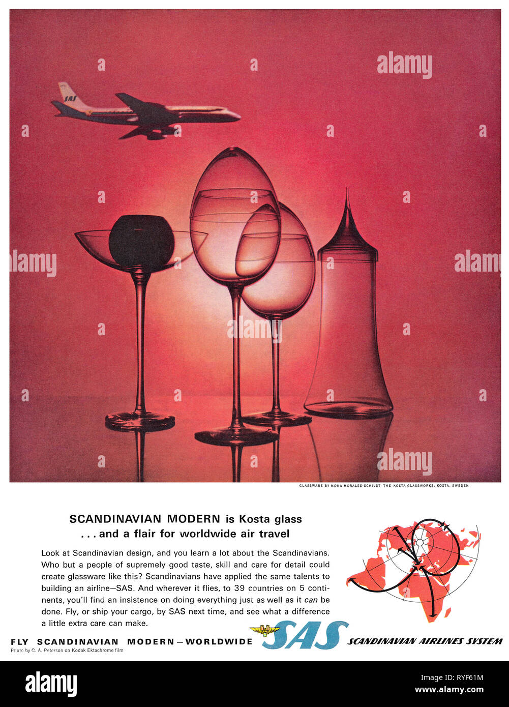 1964 US-Werbung für SAS, Scandinavian Airlines System. Stockfoto