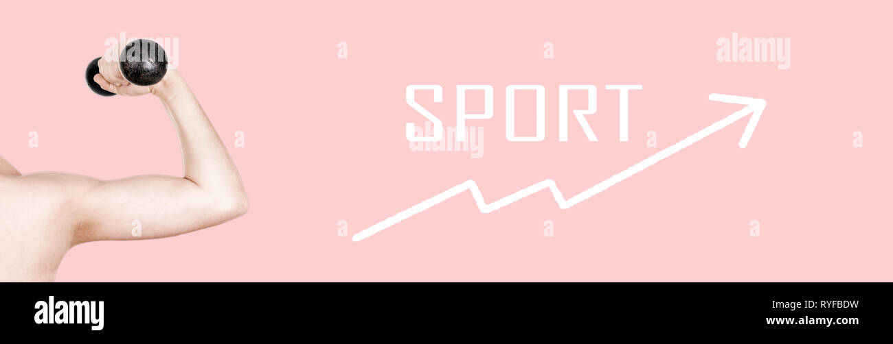 Skinny Arm mit der Hantel auf rosa Hintergrund, Konzept vor Sport, Panoramic Image Stockfoto