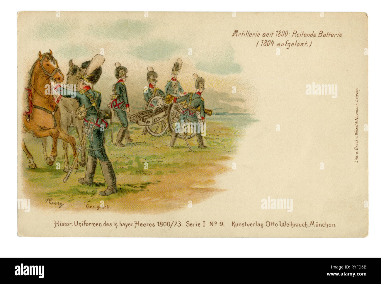 Deutsche Historische Postkarte: Lithographie des späten 19. Jahrhunderts. Artillerie Batterie stellt die Pistole auf die Anschlagposition, 1815, Napoleonische Kriege Stockfoto