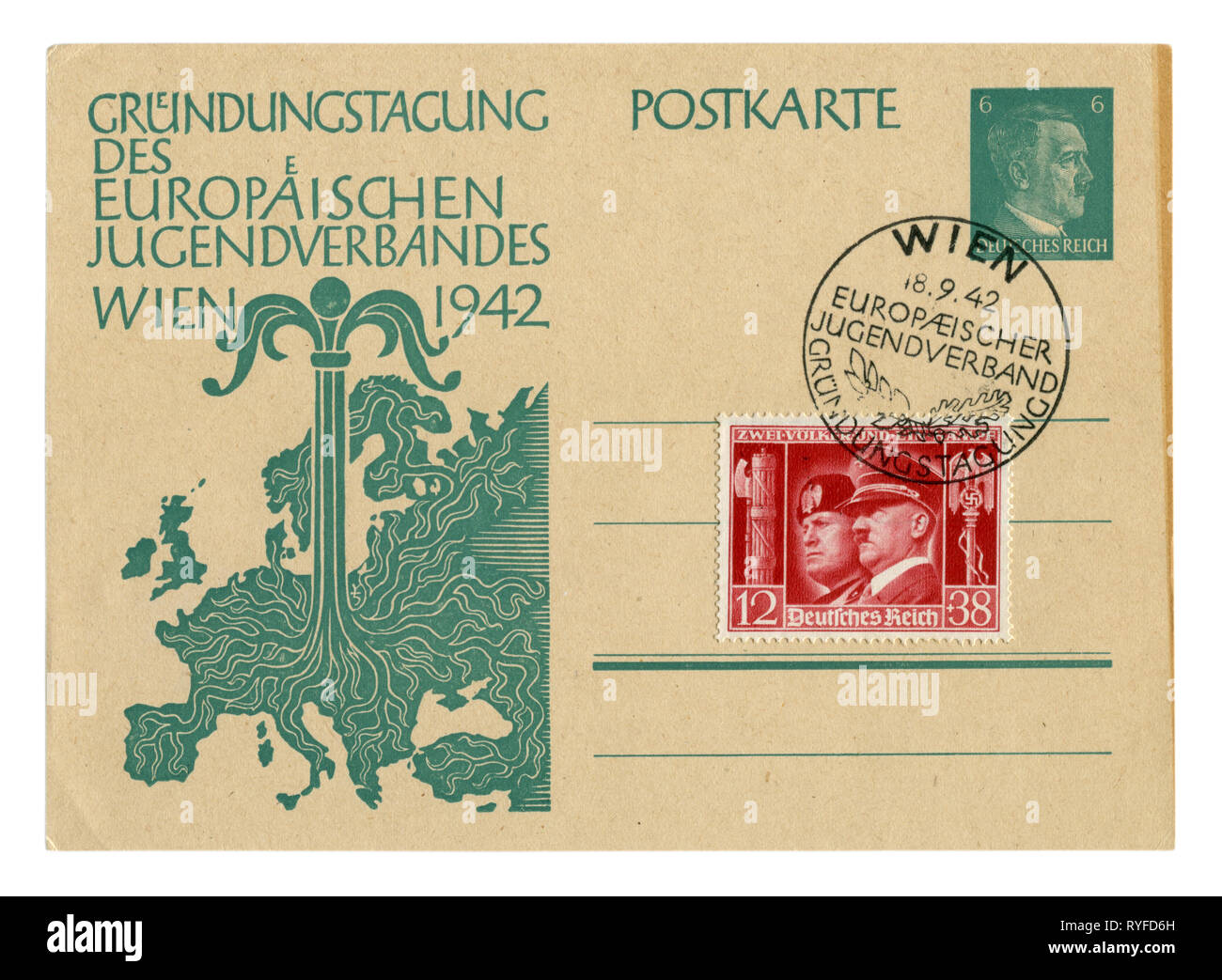Deutsche Historische Postkarte: Tag der Gründung der Europäischen Jugendorganisation. Junge Baum in der Mitte der Karte von Europa wächst. Deutschland, Stockfoto
