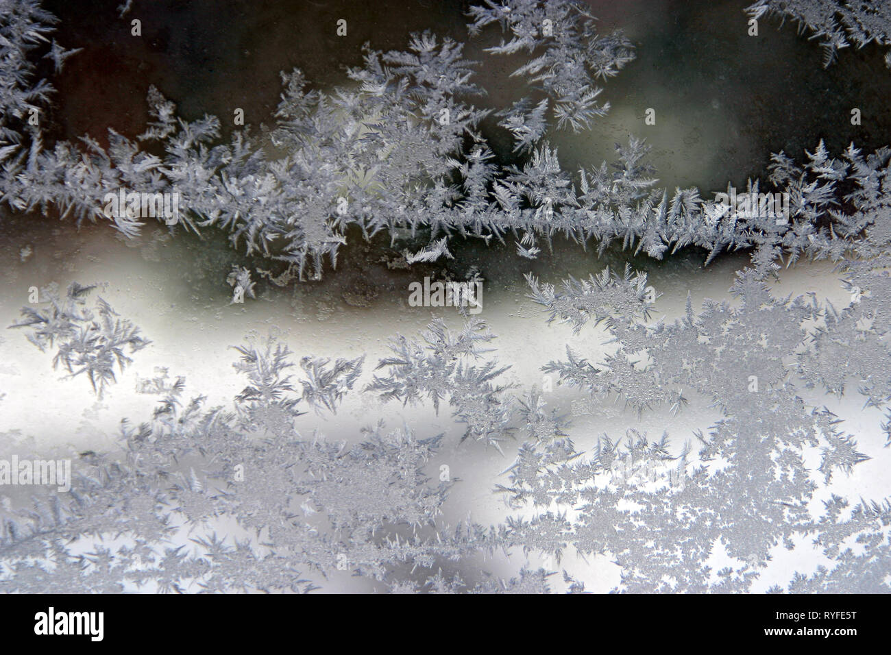 Eiskristalle bilden am kalten Fenster im Winter eine natürliche, kristalline Kunstwerk Stockfoto
