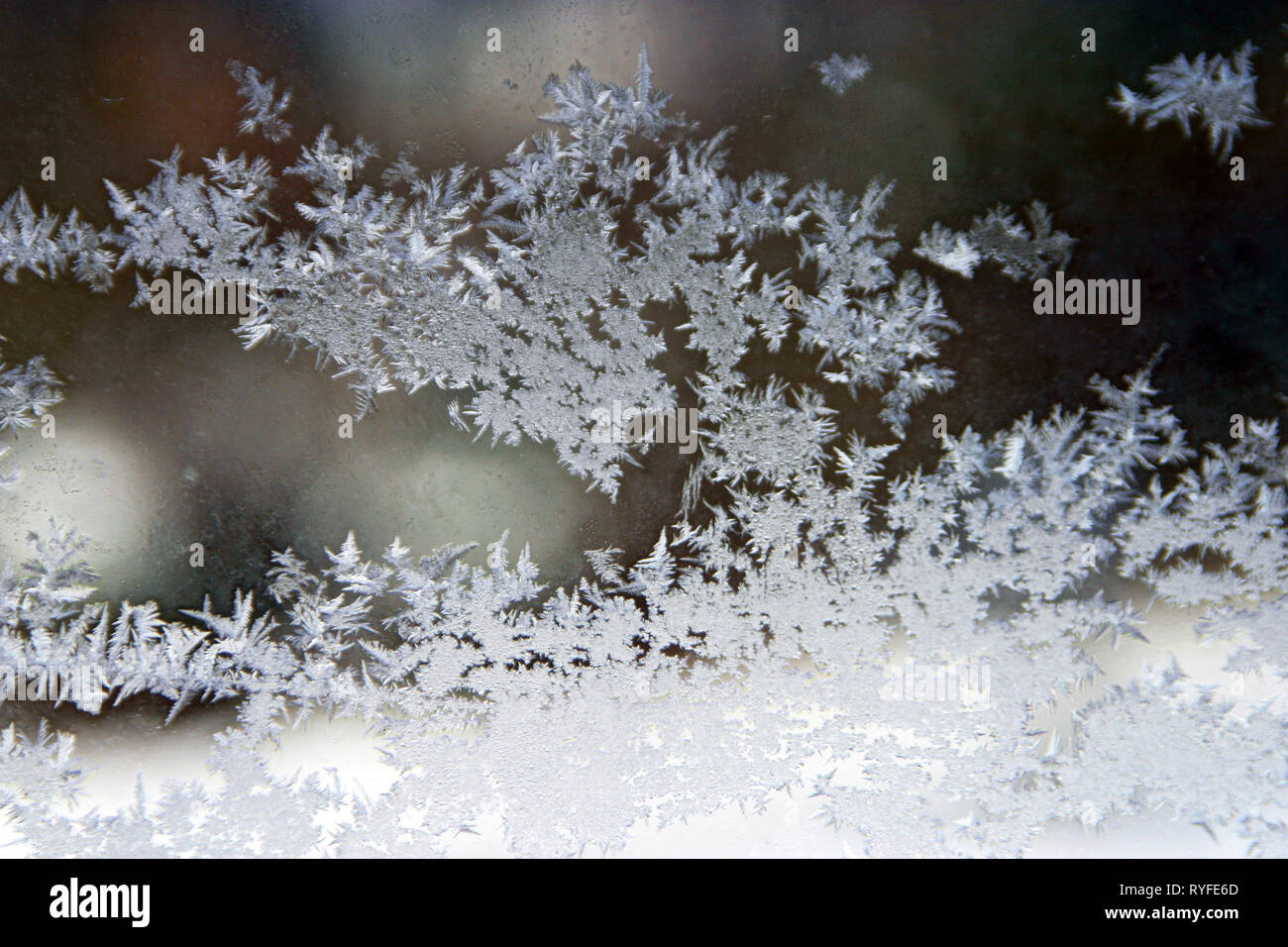 Schöne Ice Crystal Strukturen bilden am kalten Fenster im Winter, eine kristalline Kunstwerk von Mutter Natur Stockfoto