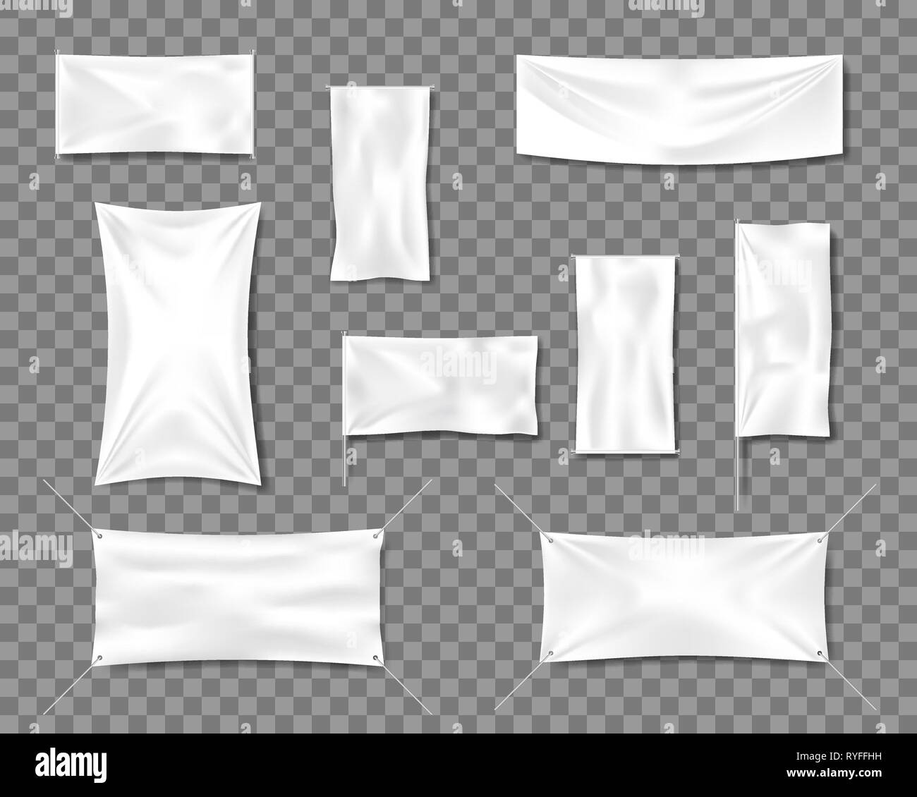 Baumwolle Weiß leer glatte Flagge Poster oder Plakat Vorlagen eingestellt. 3d Detaillierte Stoff blank Textile Banner für Werbung mit Falten. Vektor Stock Vektor