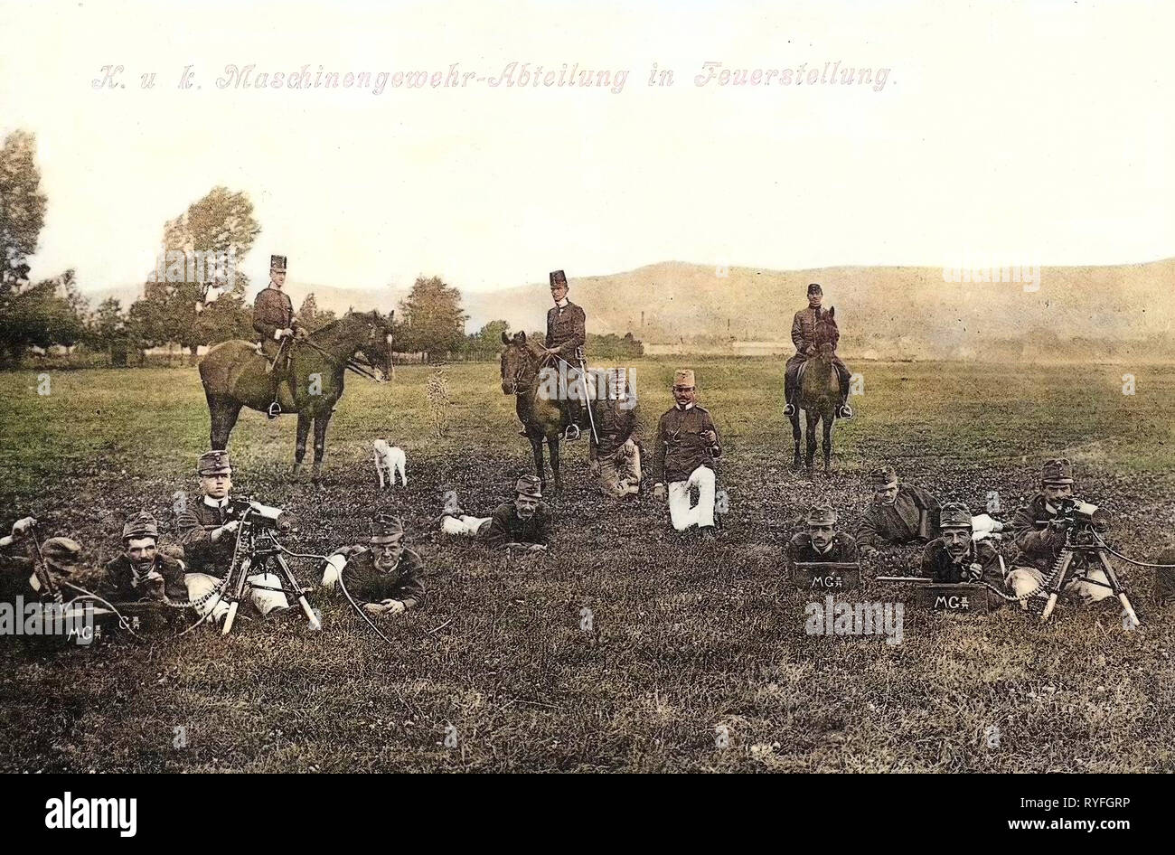 Der österreichisch-ungarischen Armee, militärische Nutzung von Pferden, Schwarzlose MG, 1910 Postkarten, 1910, K. und K. Maschinengewehr, Abteilung in Feuerstellung Stockfoto
