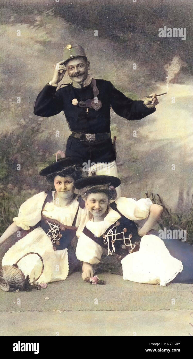 Gruppenbilder mit 3 Personen und österreichisch-ungarischen Armee, 1910, Wien, Wien, Soldat mit 2 Mädchen Stockfoto