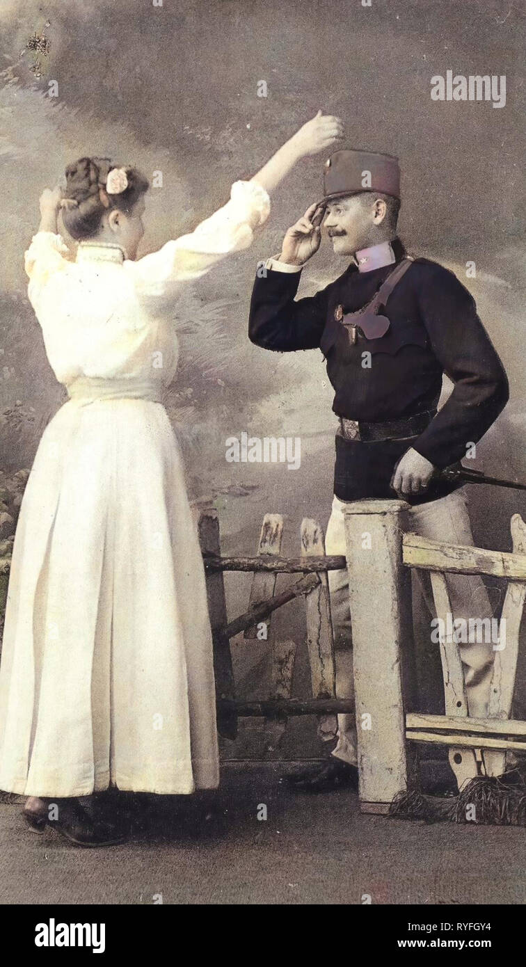Verliebte Paare in Österreich, österreichisch-ungarischen Armee, Porträts mit 2 Menschen, Frauen von Österreich, 1901 Postkarten, Wien, 1901, Liebespaar Stockfoto