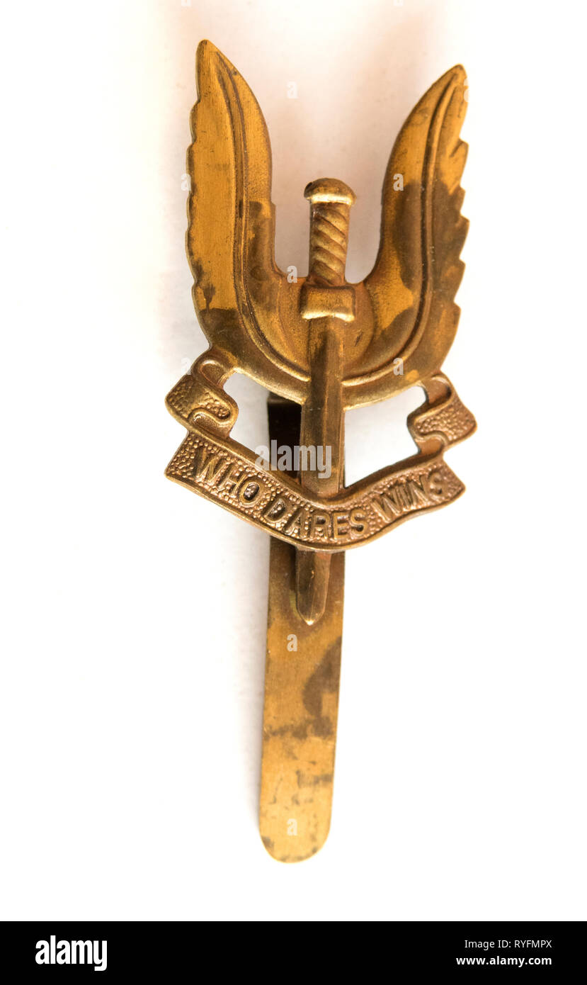 S.A.S. pin Badge. Gold Wings. Special Air Service der britischen Armee. Wer wagt, gewinnt. Stockfoto