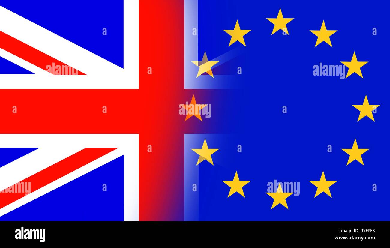 Flagge des Vereinigten Königreichs mit Stars aus der Fahne der Europäischen Union. Britische Flagge und EU-Flagge gemischt - Brexit Konzept-UK und England Wirtschaft nach Stockfoto