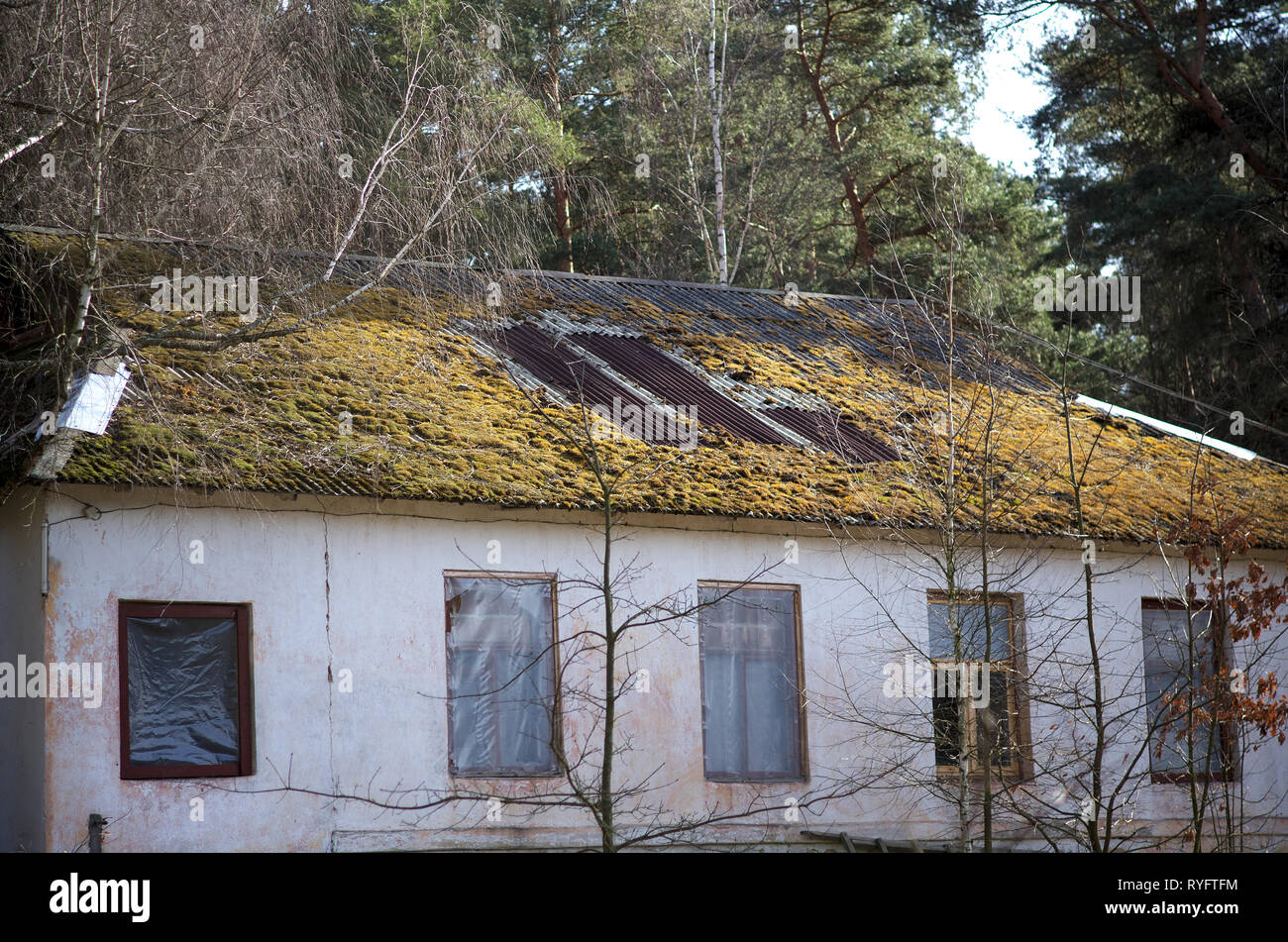 Moos - bedeckte Dach. alten, verlassenen Haus im Wald. Das Gebäude ist eingezäunt. Fenster und weiße Wände Stockfoto