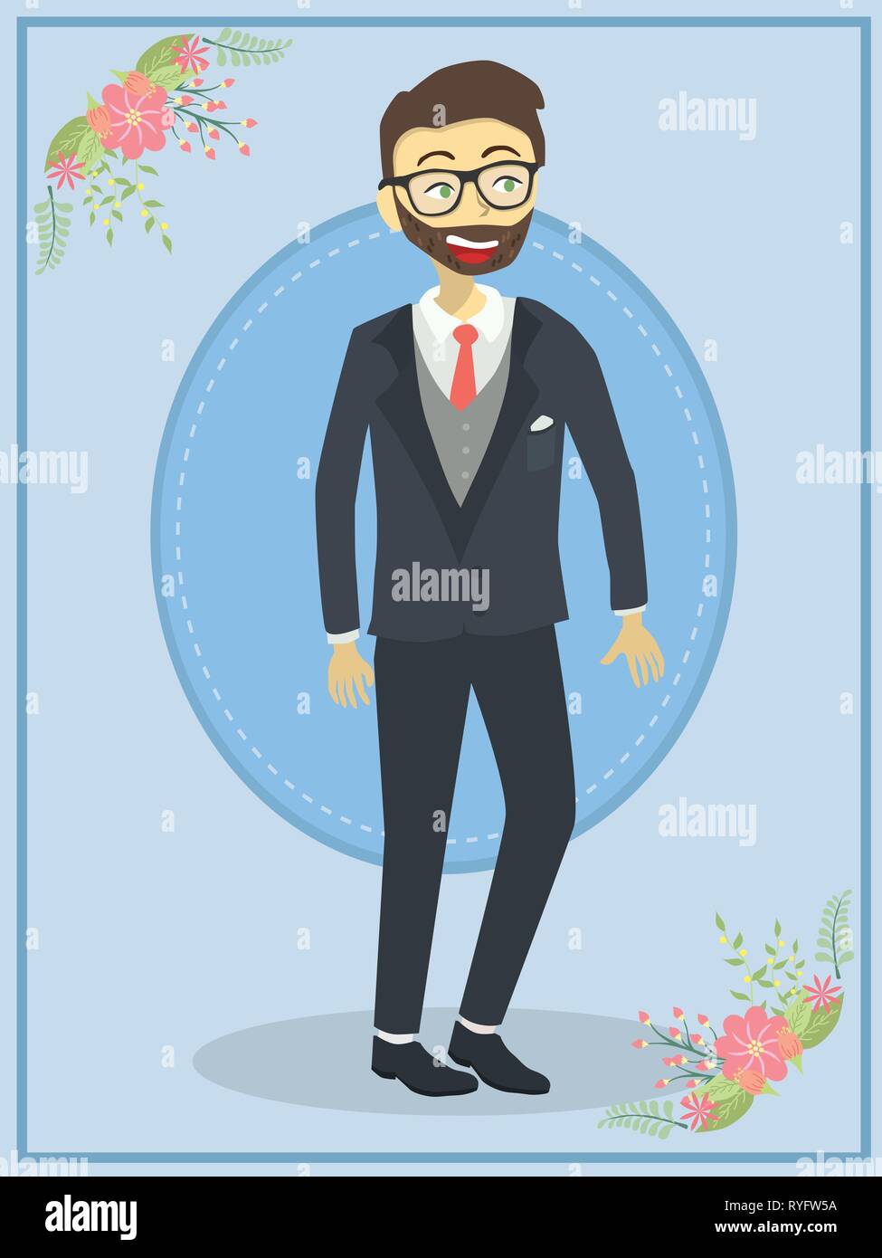 Bräutigam mit schwarzem Smoking Hochzeit auf blauen Design Hintergrund Stock Vektor