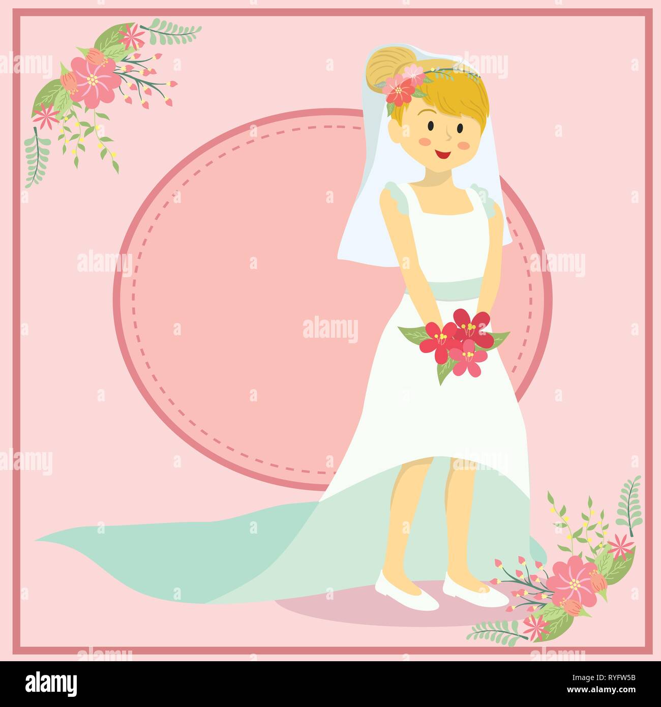 Braut Frau mit Weiß-Blau long tail Hochzeit Kleid in Pink Thema Hintergrund. Stock Vektor
