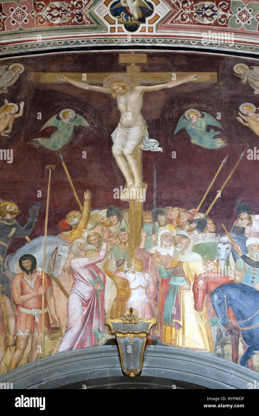 Die Kreuzigung, Fresko von Andrea Bonaiuto Di, Spanische Kapelle in Santa Maria Novella Principal dominikanische Kirche in Florenz, Italien Stockfoto