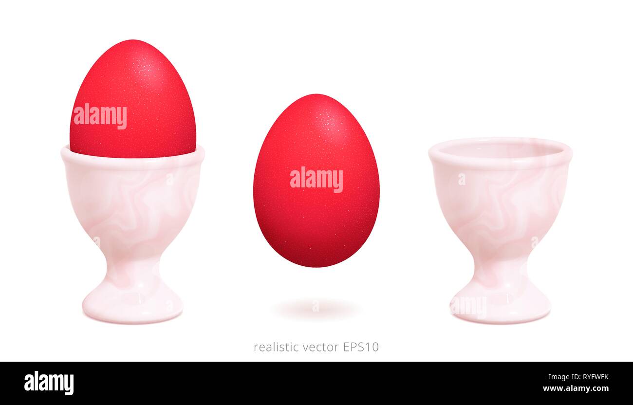 Luxus Eierbecher mit einem roten Osterei. 3d-realistischem Design. Schöne vintage Halter mit einem rosa Marmorierung Textur. Isolierte Objekte. Detaillierte clipart Stock Vektor