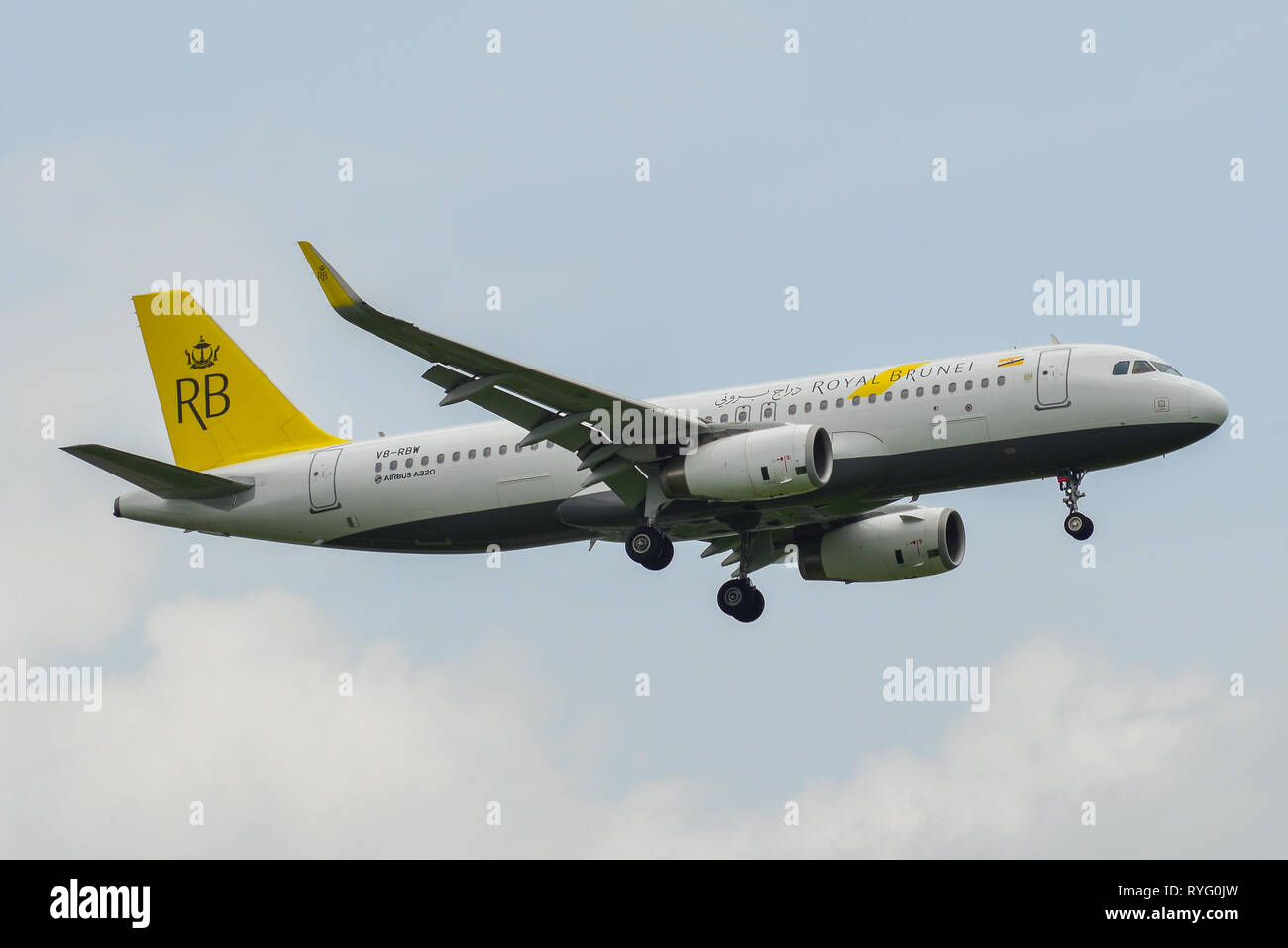 Bangkok, Thailand - 17.September 2018. Ein Airbus A320 Flugzeug der Royal Brunei Airlines Landung in Bangkok Suvarnabhumi Airport (BKK). Stockfoto