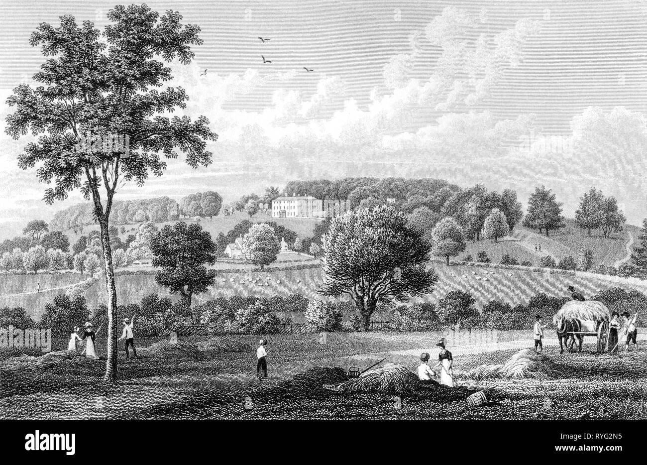 Eine Gravur der Rendcombe der Sitz von Sir Berkeley William Guise, Gloucestershire, UK gescannt und in hoher Auflösung aus einem Buch 1825 veröffentlicht. Stockfoto