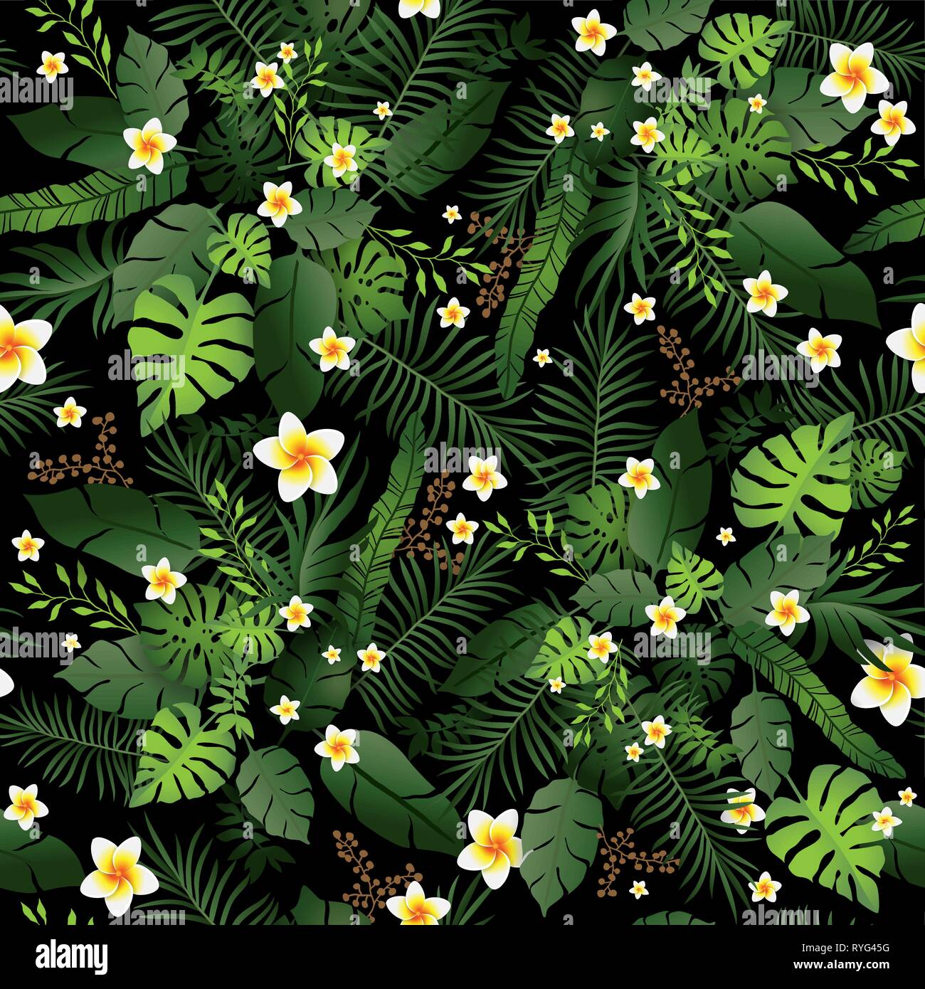 Nahtlose Muster exotische Floral Background. Tropische Blüten und Blätter auf dunklem Hintergrund. Grün exotische Drucken nahtloses Design Stock Vektor