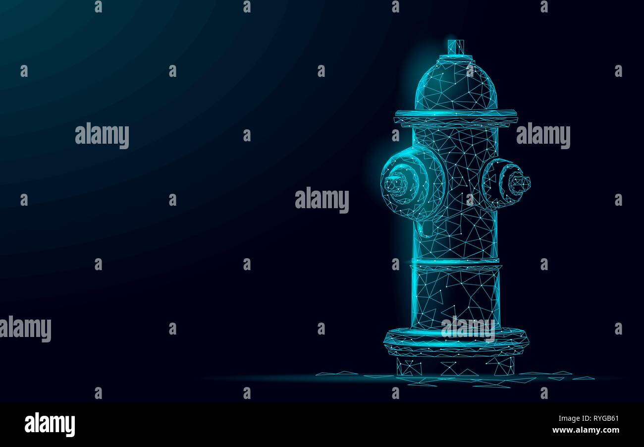 Hydrant Low-poly-rescue-Konzept. Polygonal blau Notfall Feuerwehrmann Ausrüstung Vector Illustration Stock Vektor