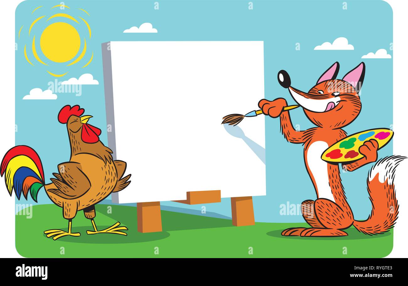 Die vector Abbildung zeigt eine Karikatur, Fuchs, zeichnet ein Hahn. Die Abbildung ist im Comic-stil, auf separaten Ebenen. Stock Vektor