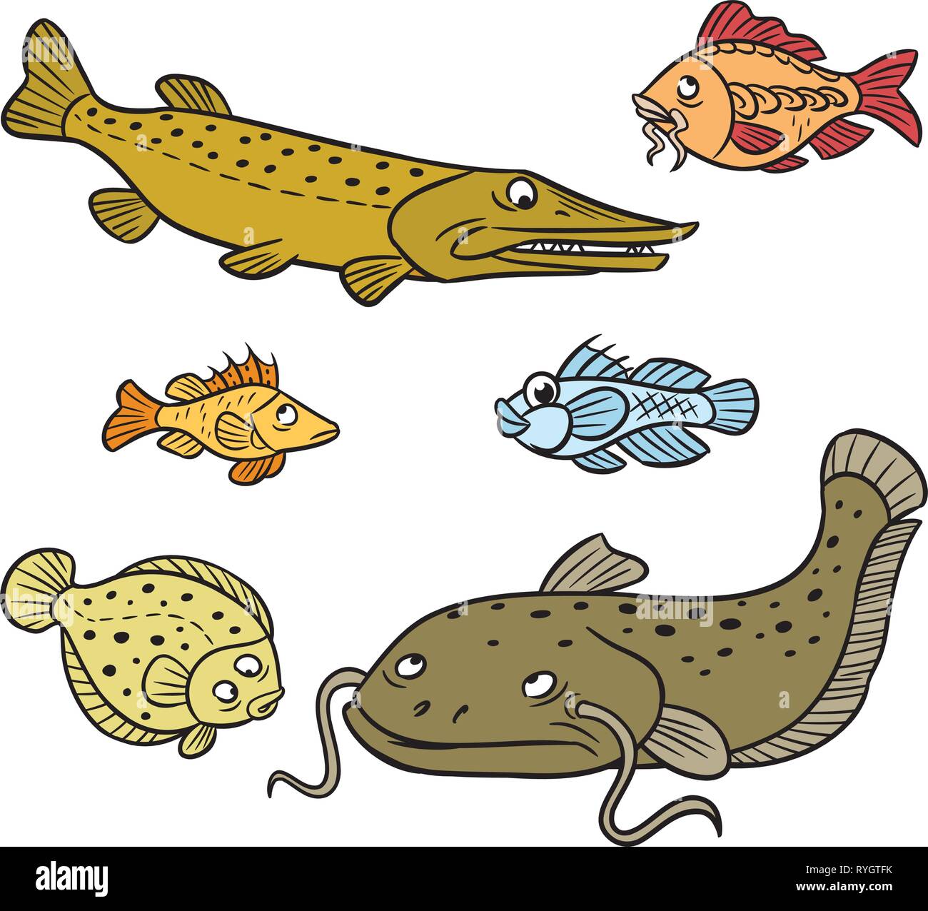 Die Abbildung zeigt eine Gruppe einiger Fischarten in einem Cartoon Stil. Stock Vektor
