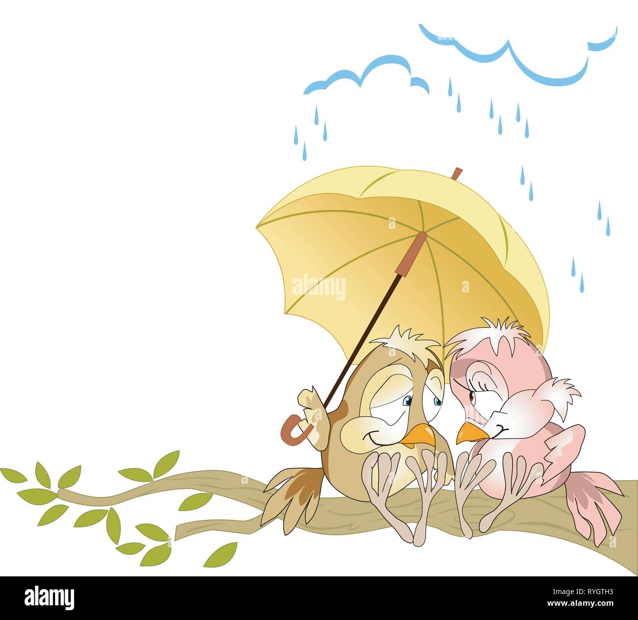Die Abbildung zeigt ein Paar in Liebe Vögel sitzen auf einem Ast unter einem gelben Regenschirm. Die Abbildung als eine lustige karte, im Comic-stil, auf sep Stock Vektor
