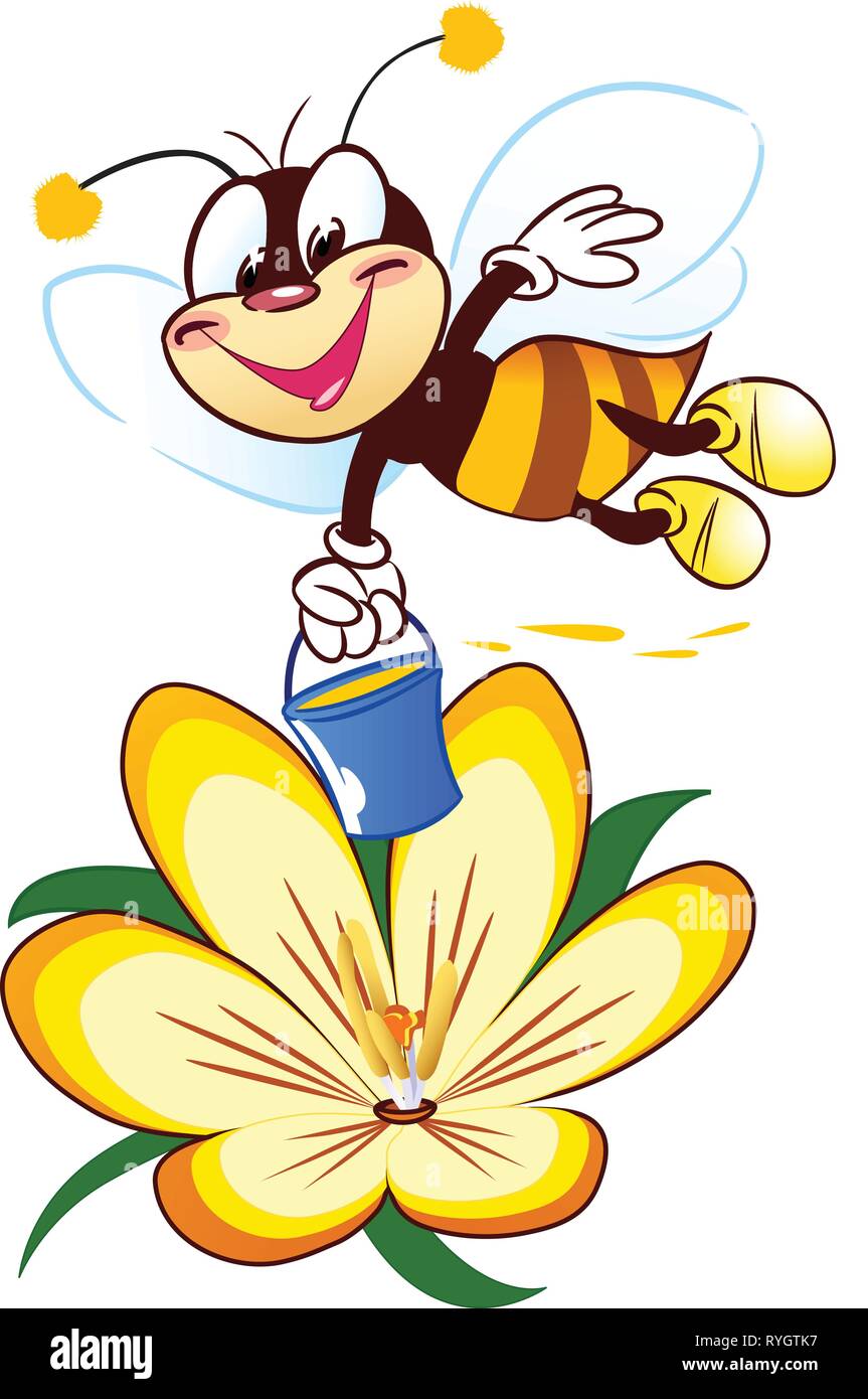 Die Abbildung zeigt eine lustige Karikatur Biene auf einer Blume. Abbildung auf separaten Ebenen getan, auf weißem Hintergrund Stock Vektor