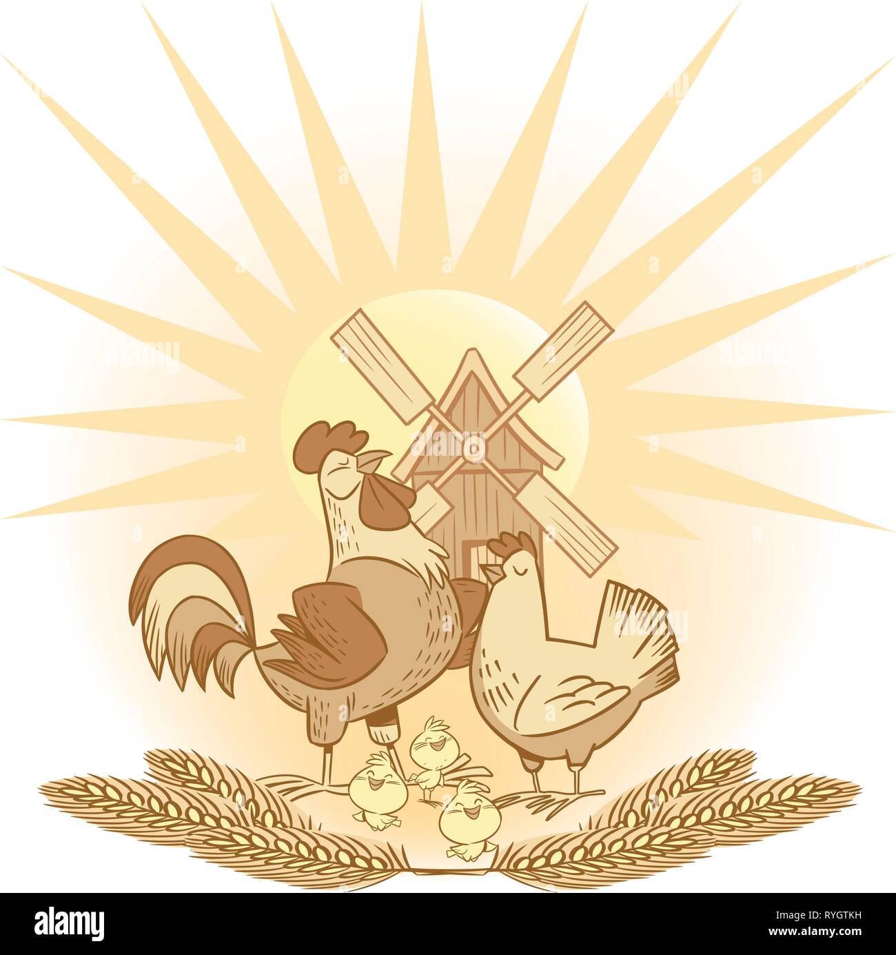 Die Abbildung zeigt eine Gruppe von Hühnern und Hühner, Weizenähren auf dem Hintergrund der Sonne und Windmühle. Abbildung auf separaten Ebenen getan. Stock Vektor