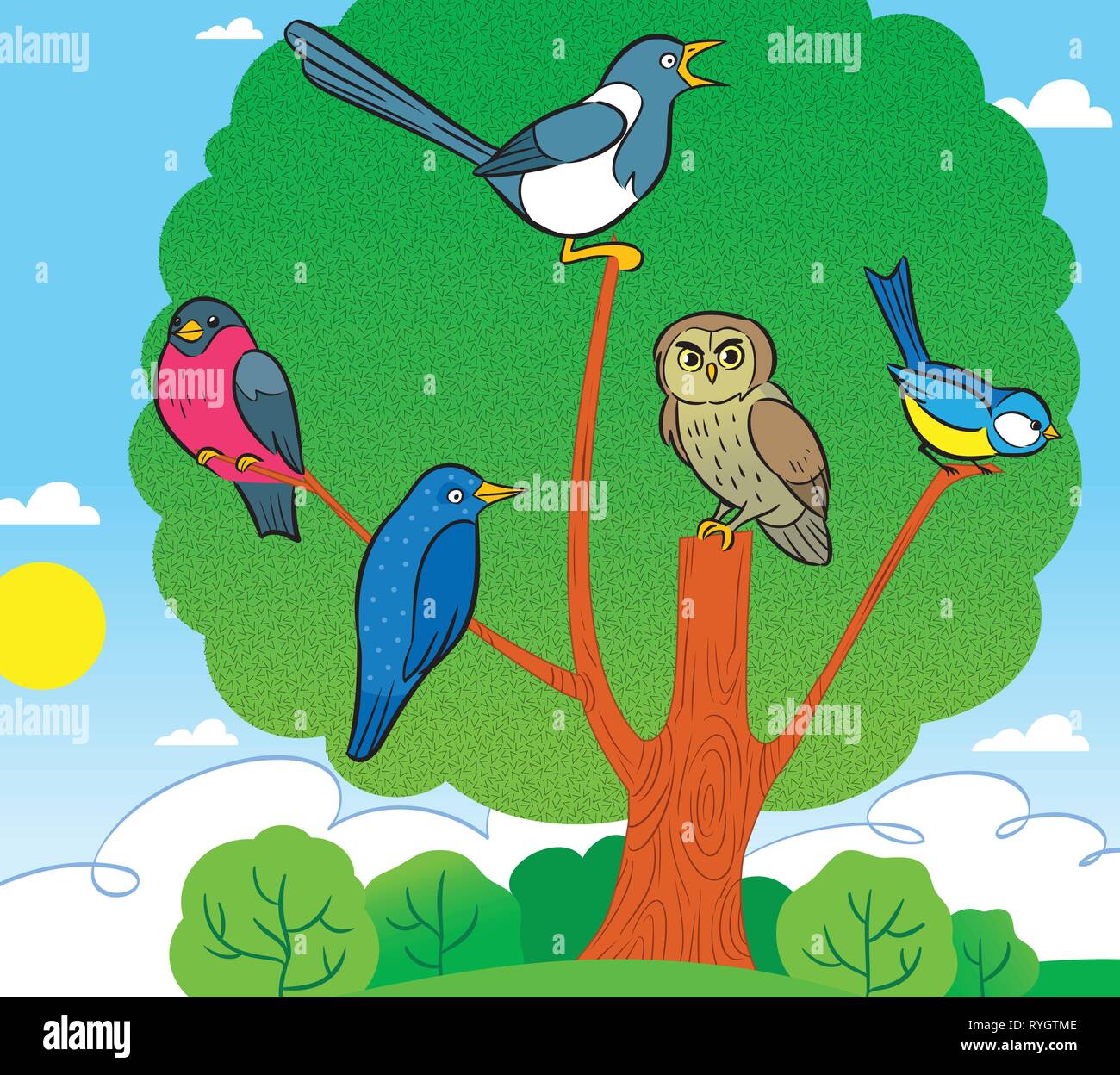 Die Abbildung zeigt mehrere cartoon Vögel sitzen auf einem Baum. Abbildung auf separaten Ebenen getan. Stock Vektor