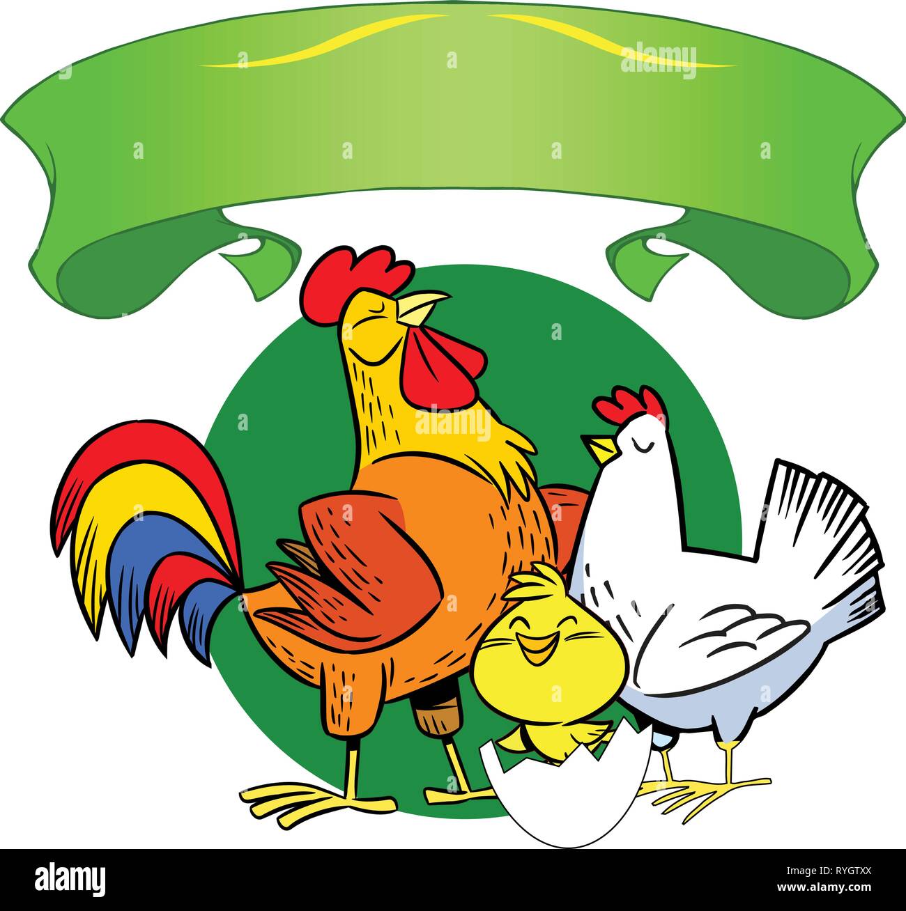 Die Abbildung zeigt die Hühner. Dies ist ein Huhn, Hahn und Küken aus dem Ei. Und es ist ein Zierband. Abbildung in Cartoon styl getan Stock Vektor