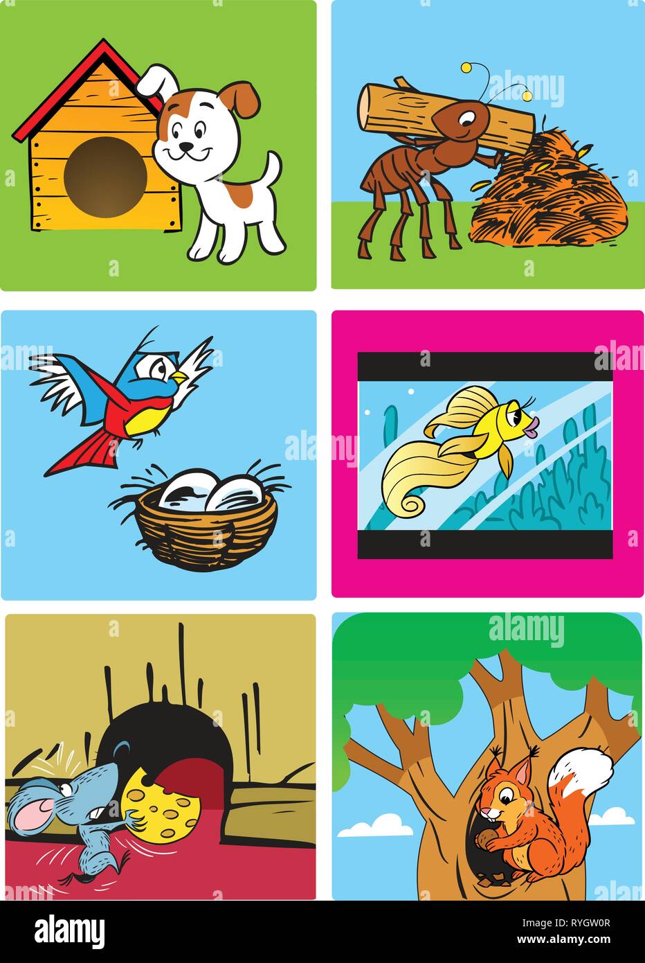 Die Abbildung zeigt das Haus der Tiere, Insekten, Vögel und Fische. Abbildung im Cartoon Stil gemacht, auf separaten Ebenen. Stock Vektor