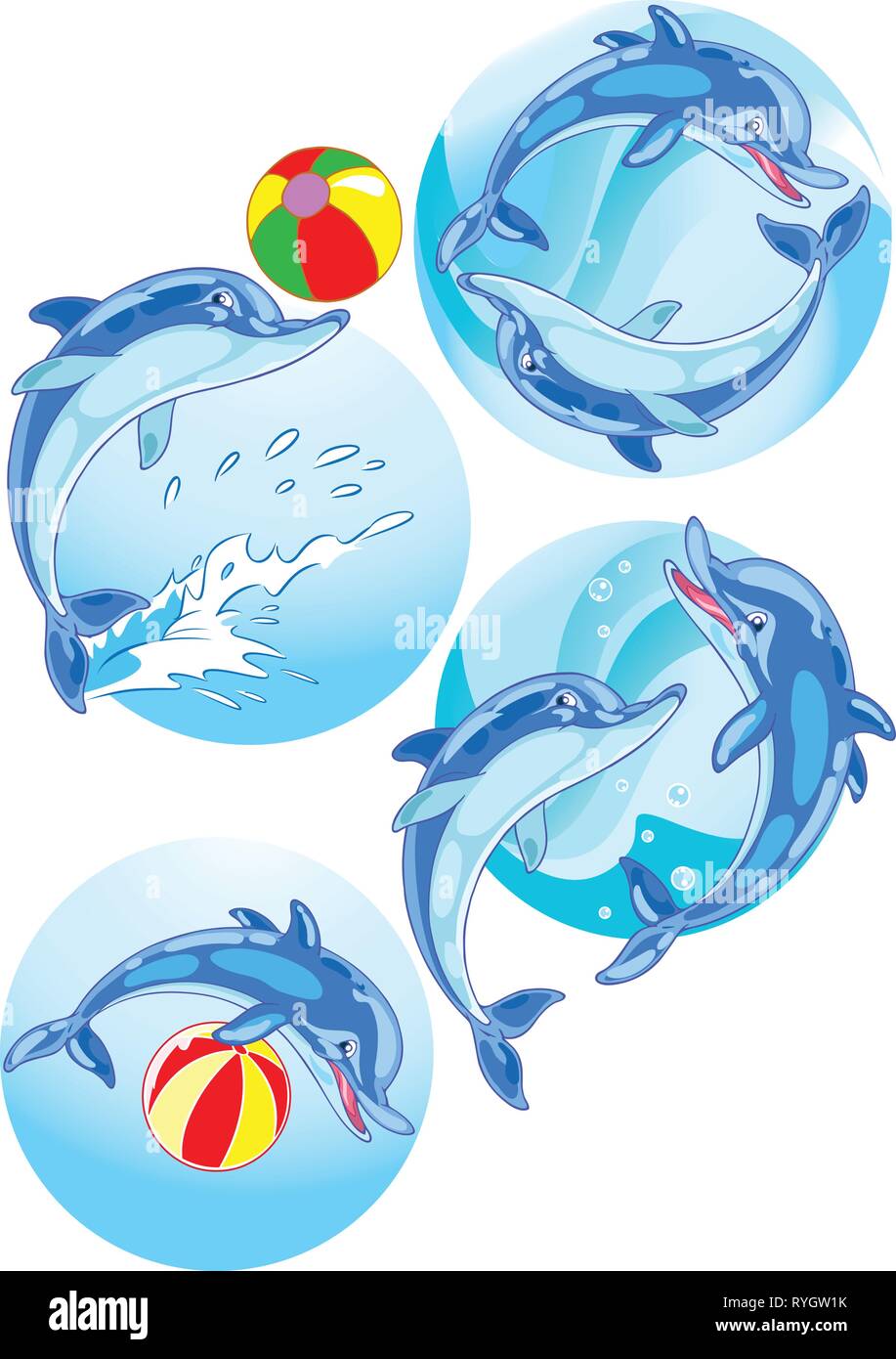 Die Abbildung zeigt ein paar Delfine spielen in der Kugel. Abbildung im Cartoon Stil gemacht, und auf separaten Layern. Stock Vektor