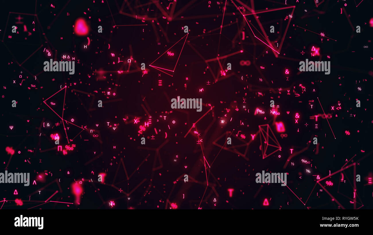 Digitaler mathematischer Symbole 3D-Abbildung. Abstrakte futuristischen Hintergrund mit Mathe und Physik Symbole und Mesh Network Grid. 4K Wissenschaft Konzept Stockfoto Digitaler mathematischer Symbole 3D-Abbildung. Abstrakte futuristischen Hintergrund mit Mathe und Physik Symbole und Mesh Network Grid. 4K Wissenschaft Konzept Stockfoto