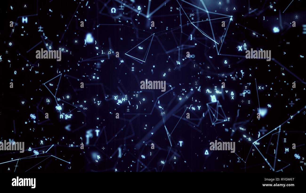 Digitaler mathematischer Symbole 3D-Abbildung. Abstrakte futuristischen Hintergrund mit Mathe und Physik Symbole und Mesh Network Grid. 4K Wissenschaft Konzept Stockfoto Digitaler mathematischer Symbole 3D-Abbildung. Abstrakte futuristischen Hintergrund mit Mathe und Physik Symbole und Mesh Network Grid. 4K Wissenschaft Konzept Stockfoto