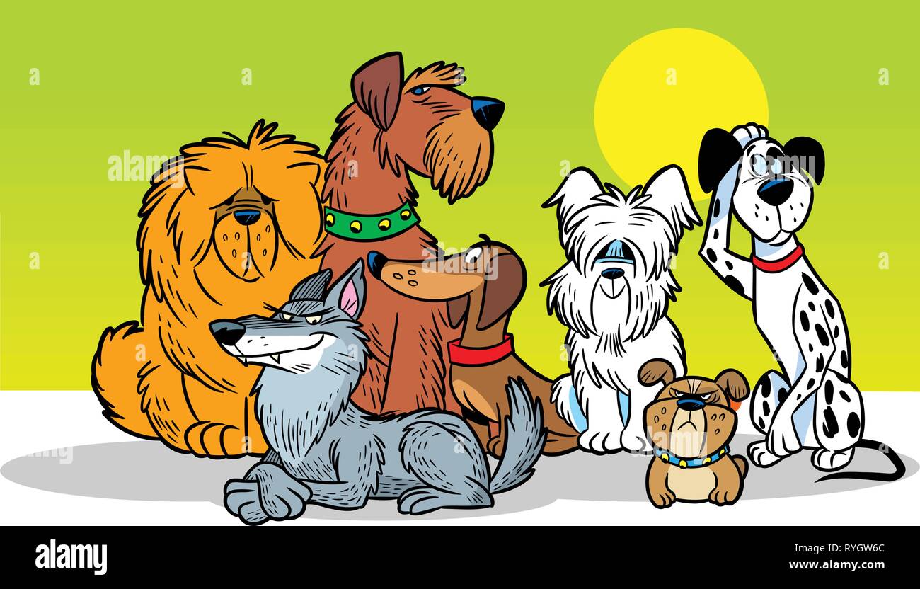 In Vector Illustration, einer Gruppe von mehreren Hunden verschiedener Rassen, in einem Cartoon Stil. Stock Vektor