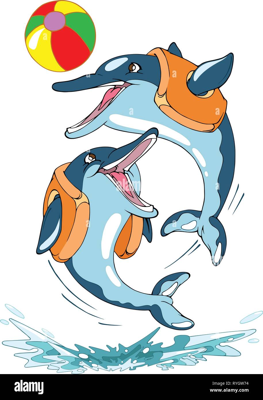 Dolphin taucht aus dem Wasser und das Spiel mit dem Ball. Eine Abbildung ist in Schichten auf einem weißen Hintergrund. Stock Vektor