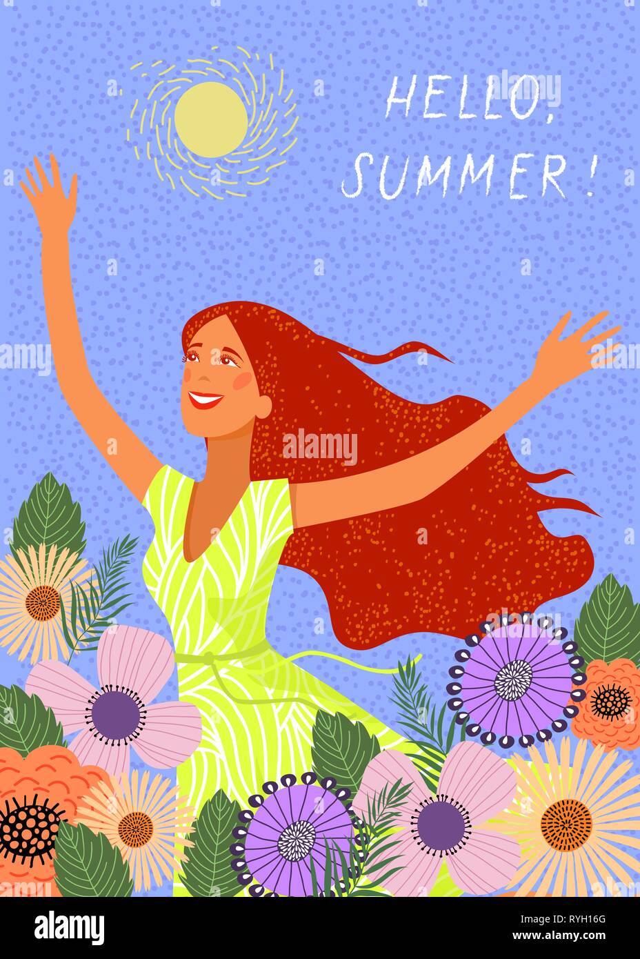 Mit freudigen rothaarige Mädchen auf dem Hintergrund von Doodle Blumen. Cute Vector Illustration. Stock Vektor