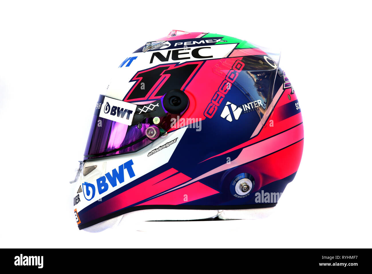 &#Xa9; Foto 4/LaPresse 14/03/2019 Melbourne, Australien Sport Formel 1 Grand Prix von Australien 2019 In der Pic: Der Helm von Sergio Perez (MEX) Racing Point F1 Team RP 19. Stockfoto