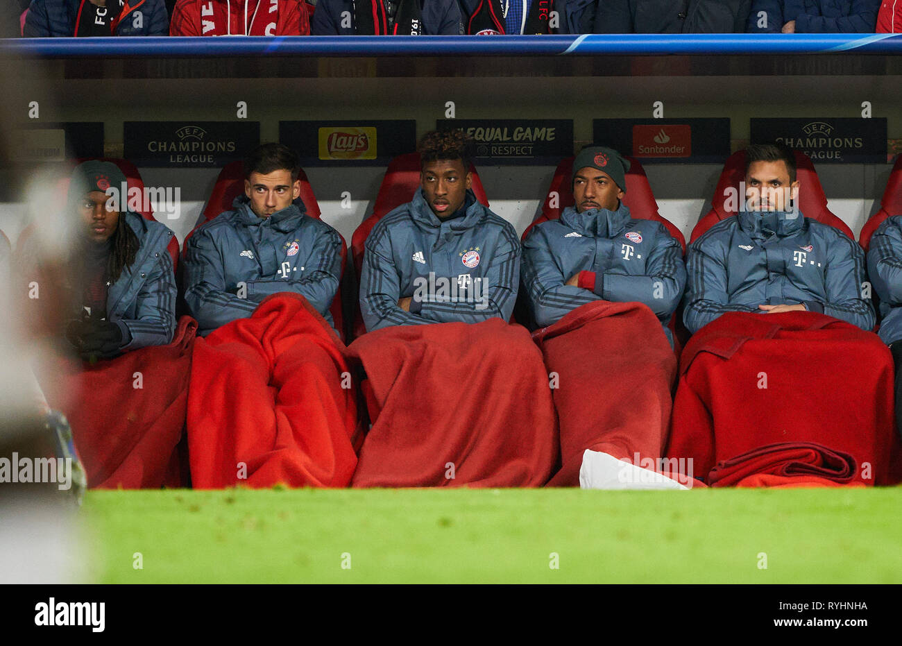 München, Deutschland. 13 Mär, 2019. Renato SANCHES, FCB 35 Leon Goretzka, FCB 18 Kingsley COMAN, FCB 29 Jerome BOATENG (FCB 17) Sven Ulreich, FCB 26. Das 1:0 fiel. Spare Bank, Bank, Reserve, Trainer Bank, FC BAYERN MÜNCHEN - FC Liverpool 1-3 UEFA Fußball Champions League, München, 13. März 2019, Saison 2018/2019, Runde der letzten 16, FCB, Rot, Bayern, Kredit: Peter Schatz/Alamy leben Nachrichten Stockfoto