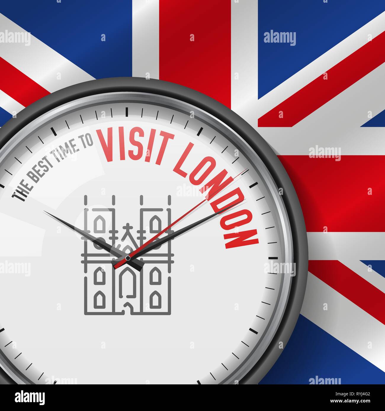 Die beste Zeit für den Besuch in London. Weiß Vektor Uhr mit Motivations Slogan. Analog Metall mit Glas. Vector Illustration auf Britische Flagge Stock Vektor