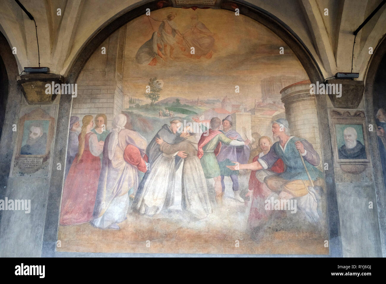 Treffen zwischen der hl. Dominikus und hl. Franziskus, Fresko von Santi Di Tito, Santa Maria Novella Principal dominikanische Kirche in Florenz Stockfoto