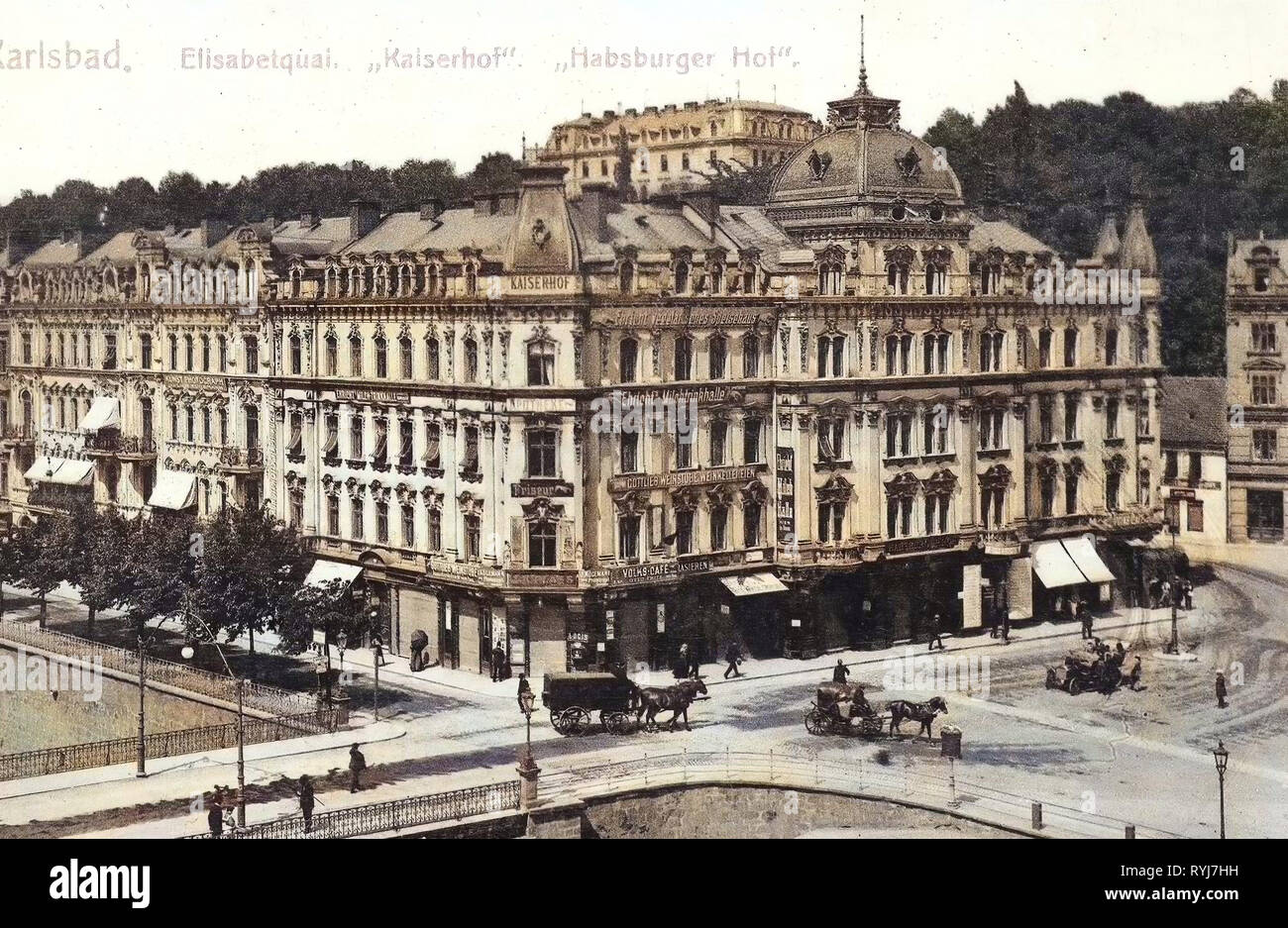 Gebäude in Karlovy Vary, Brücken über den Teplá, 1909 in Karlsbad, Karlsbad, Karlsbad, Elisabetquai, Kaiserhof, Habsburger Hof, Tschechische Republik Stockfoto
