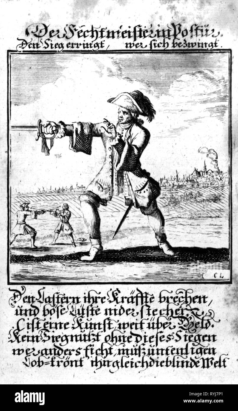 Sport Fechten Fechtmeister Kupferstich Aus Dem Buch Von Klassen Von Christoph Weigel Der Altere 1654 1725 Mit Den Versen Von Abraham A Sancta Clara 1644 1709 Nurnberg 1698 Artist S Urheberrecht Nicht Geloscht Werden Stockfotografie Alamy