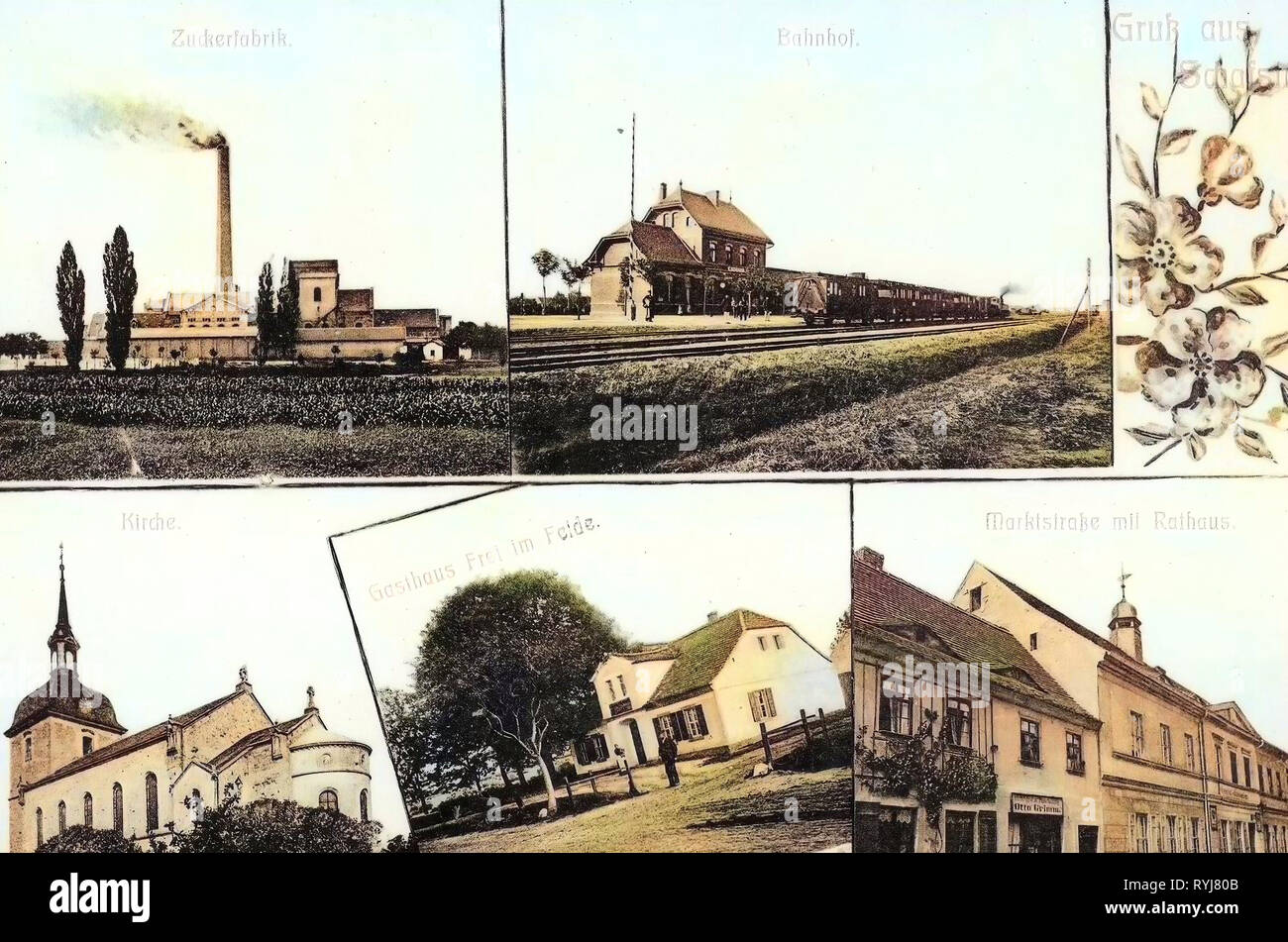 Multiview Postkarten, Zuckerfabriken, Kirchen in Bad Lauchstädt, Bahnhöfe in Rhein-Pfalz-Kreis, Restaurants in Rhein-Pfalz-Kreis, Rathäuser in Rhein-Pfalz-Kreis, 1909, Deutschland, Schafstädt, verschiedene Ortsansichten Stockfoto