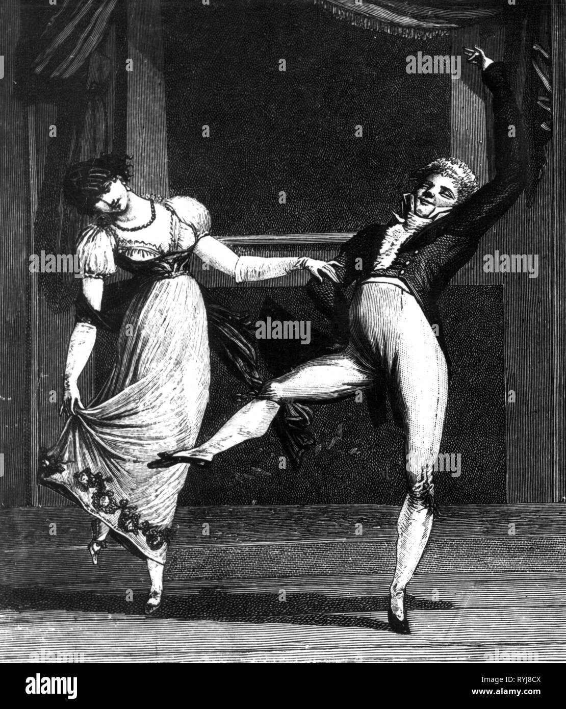 Tanz, 'Dance Mania", Kupferstich von Louis Philibert Debucourt, circa 1810, Artist's Urheberrecht nicht geklärt zu werden. Stockfoto