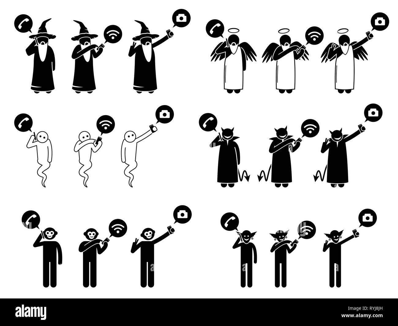 Fiktionale Charaktere mit Handy oder Smartphone Technologie. Piktogramm zeigen Symbole der Assistenten, Gott, Geist, Satan, Teufel, Affe und Troll reden, Surf Stock Vektor