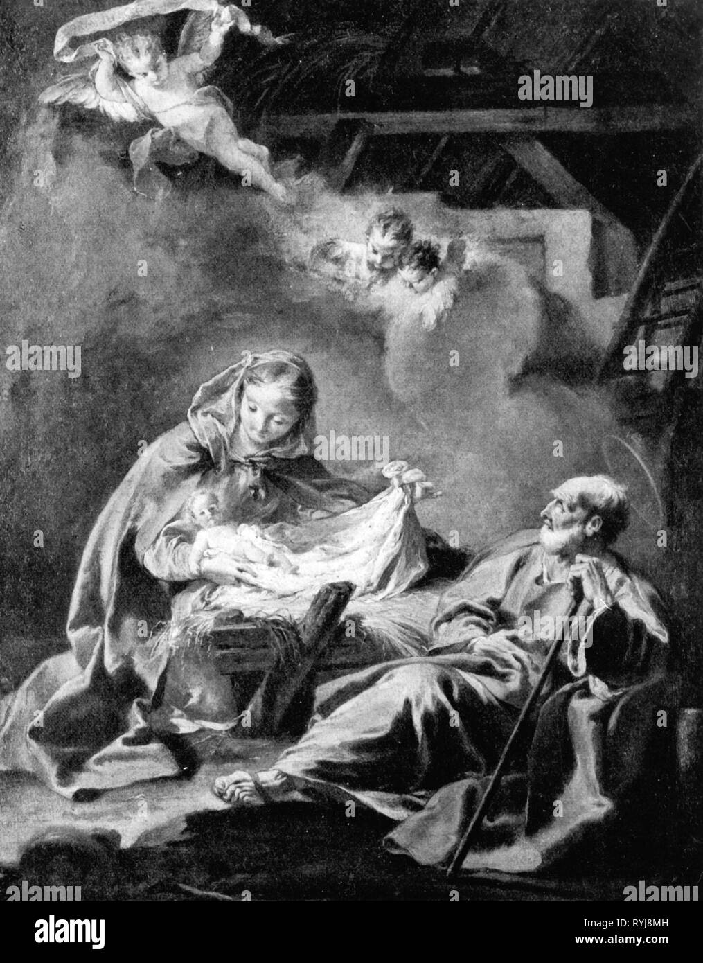 Religion, Christentum, Jesus Christus, Krippe, "Die Geburt Christi", Gemälde von Giovanni Battista Pittoni (1687 - 1767), aus dem 18. Jahrhundert, Öl auf Leinwand, 74 x 56 cm, Kunstmuseum, Quimper, Barock, bildende Kunst, religiöse Kunst, Kunst der Malerei, der Messias, der Retter, der Erlöser, halbe Länge, halbe Länge, Knien, kniend, Maria, Madonna, Stall, Scheune, Barnstable, Ställe, Scheunen, barnstables, das Jesuskind, Baby Jesus, das göttliche Kind, Engel, Engel, Baby, Babys, Kind, Kinder, Kind, Kinder, Krippe, Krippe, Krippen, Kruzifixe, Joseph, Religion, Religionen, Krippe,, Artist's Urheberrecht nicht geklärt zu werden. Stockfoto