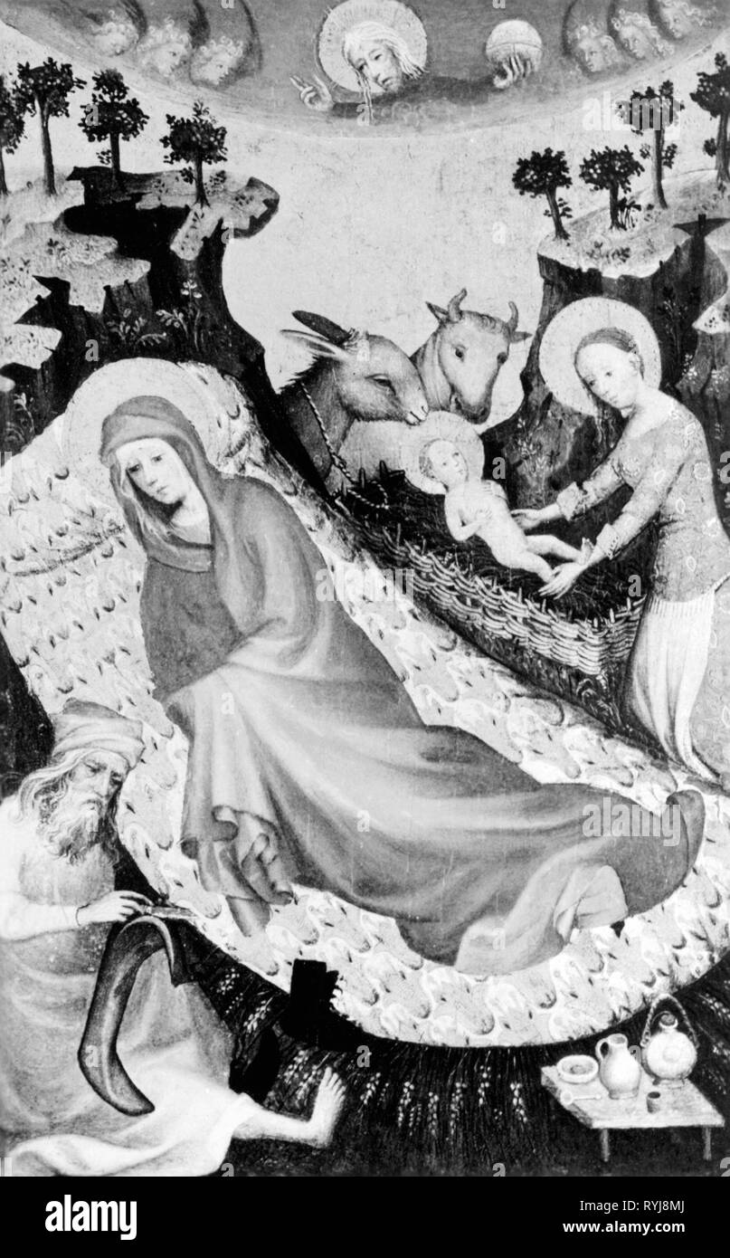 Religion, Christentum, Jesus Christus, Krippe, "Die Geburt Christi", Malerei, unbekannten Meister, ein Polyptychon, Mittelalter, Mittelalter, mittelalterlich, bildende Kunst, religiöse Kunst, Kunst der Malerei, der Messias, der Retter, der Erlöser, halbe Länge, halbe Länge, Knien, kniend, Maria, Madonna, das Jesuskind, Baby Jesus, das göttliche Kind, Ochsen, Ochsen, Esel, Esel, Baby, Babys, Kind, Kinder, Kind, Kinder, Götter, Gottheit, Göttlichkeit, Gottheiten, Gott der Vater, Prophet, Propheten, Allfather, der Schöpfer, der Allmächtige, weltweit führend, Kruzifix, Gott, Schöpfer, Schöpfer, Religion, Religionen, Artist's Urheberrecht nicht geklärt zu werden. Stockfoto