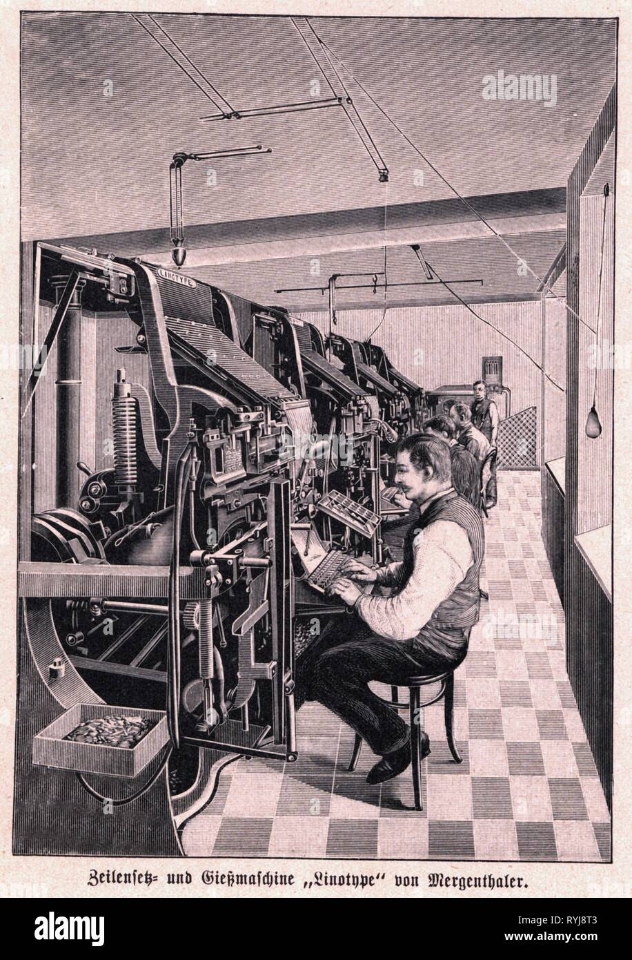 Technik, Typographie, Maschinen, Setzmaschine Linotype Simplex von Ottmar Mergenthaler, circa 1895, zeitgenössischer Holzstich, Additional-Rights - Clearance-Info - Not-Available Stockfoto