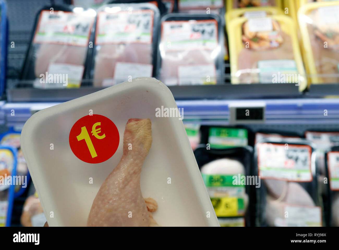 Verkaufsförderung. Supermarkt. Frankreich. Stockfoto