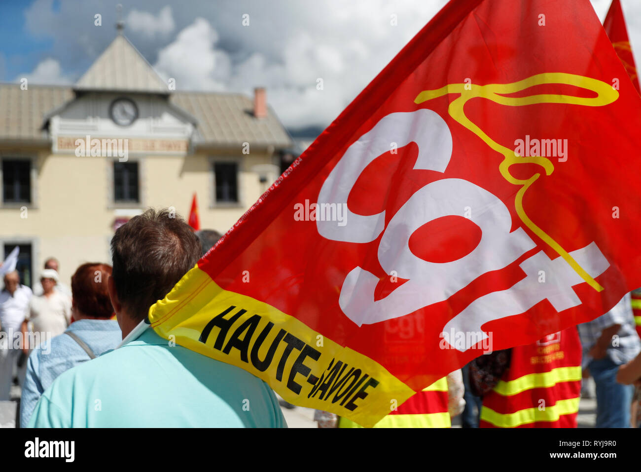 CGT organisieren eine Demonstration gegen die Eisenbahn System Reform. Le Fayet. Frankreich. Stockfoto